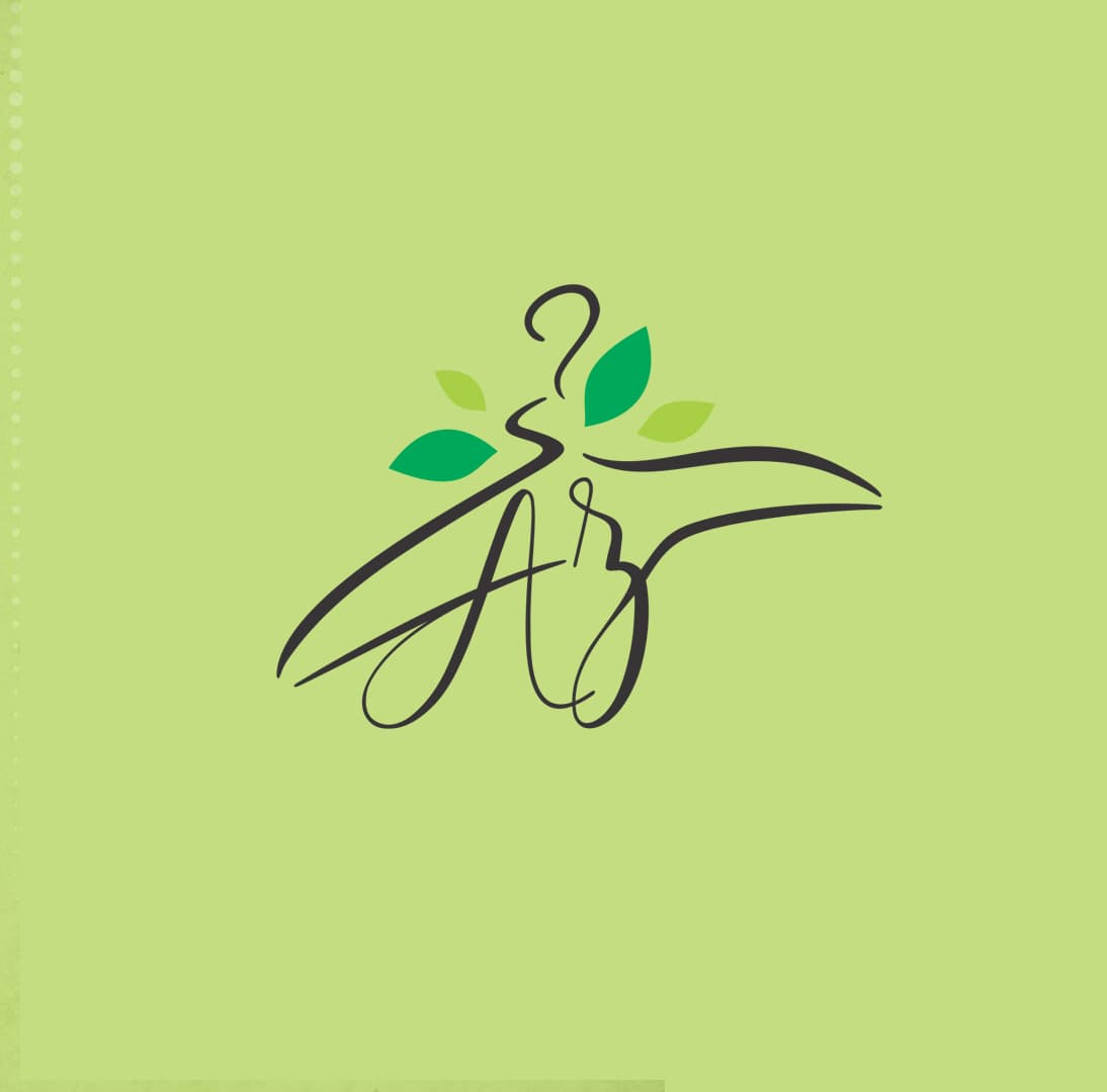 Minimalist clothes hanger logo forming letters AZ with green leaves on light green background.