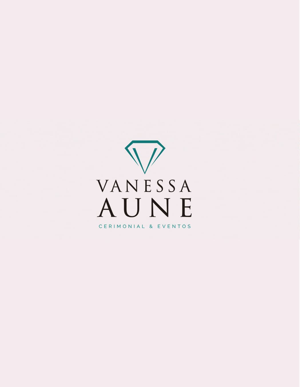 Teal diamond icon above Vanessa Aune Cerimonial and Eventos text on a pink background.