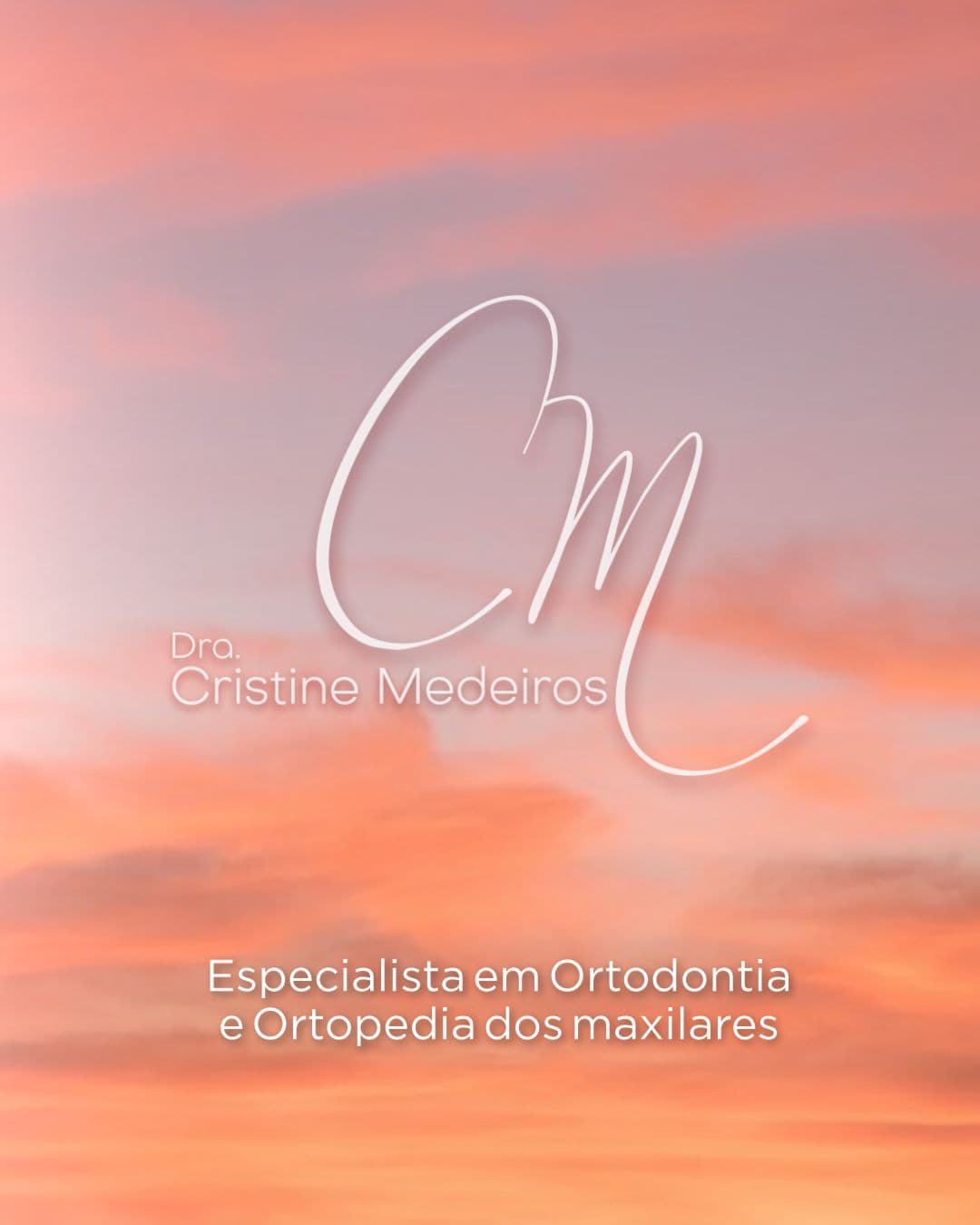 White monogram and text for Dra. Cristine Medeiros over a blurred pink and orange sunset.
