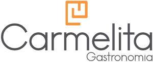 Carmelita Gastronomia logo featuring dark grey text and a stylized orange geometric square icon.